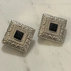 Premier Designs Silver Tone Black Enamel Square Clip On Statement Earrings